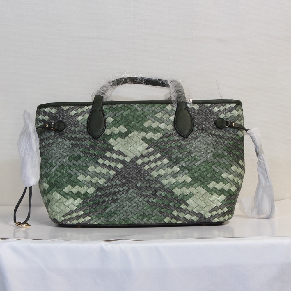 Green Woven Geometric Pattern Tote Bag